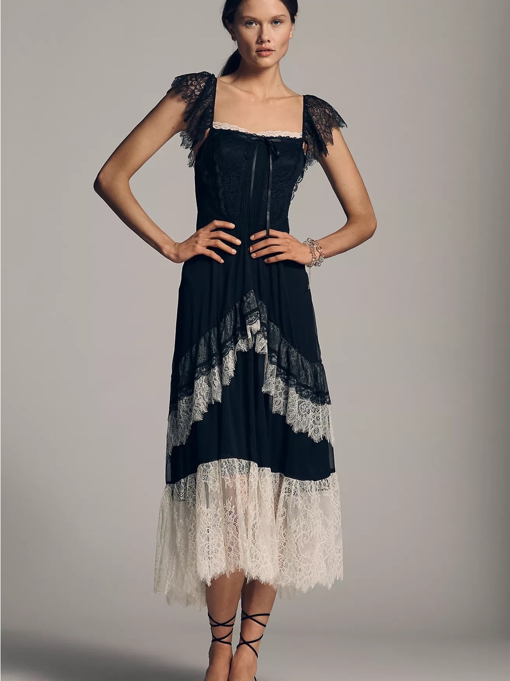 Anthropologie- Tiered Ruffle Flutter-Sleeve Dress in Black